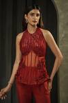 Muskan Aggarwal_Red Net, Organza Sequins, Beads, Scarlete Embroidered Corset Palazzo Set _at_Aza_Fashions