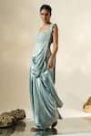 Muskan Aggarwal_Blue Satin, Silk Tassels, Nyra Sculpted Corset Blouse With Pre-draped Saree _Online_at_Aza_Fashions