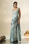 Buy_Muskan Aggarwal_Blue Satin, Silk Tassels, Nyra Sculpted Corset Blouse With Pre-draped Saree _Online_at_Aza_Fashions