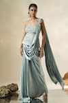 Buy_Muskan Aggarwal_Blue Satin, Silk Tassels, Nyra Sculpted Corset Blouse With Pre-draped Saree _at_Aza_Fashions