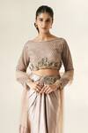 Buy_Muskan Aggarwal_Pink Satin, Net Beads, Pearls, Ishya Embroidered Blouse Draped Skirt Set _Online_at_Aza_Fashions