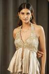 Buy_Muskan Aggarwal_Gold Satin, Silk Embroidery, Aurea Floral Peplum Top And Draped Skirt Set _Online_at_Aza_Fashions