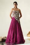 Buy_Muskan Aggarwal_Wine Net, Organza Embroidery, Zari, Mirrors, Vione Asymmetric Top And Lehenga Set _at_Aza_Fashions