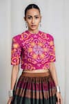 Shop_Siddhartha Bansal_Pink Cotton, Silk Embroidery Round Neck Peacock Printed Top And Skirt Set _Online_at_Aza_Fashions