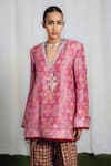 Siddhartha Bansal_Pink Silk, Cotton Embroidery V-neck Farah Embllished Kurta And Pant Set _at_Aza_Fashions