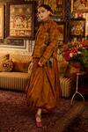 Shop_Siddhartha Bansal_Brown Linen, Satin High Neck Amber Jacket With Bubble Skirt _at_Aza_Fashions
