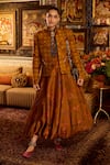 Buy_Siddhartha Bansal_Brown Linen, Satin High Neck Amber Jacket With Bubble Skirt _at_Aza_Fashions