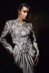 Siddhartha Bansal_Gray Silk, Satin Beads, Sequins Round Neck, Lambani Jacket With Cowl Dress _at_Aza_Fashions