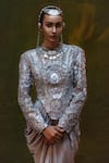 Buy_Siddhartha Bansal_Gray Silk, Satin Beads, Sequins Round Neck, Lambani Jacket With Cowl Dress 