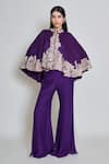 Mishru_Purple Organza Mandarin Collar, Round Neck Kalie Embroidered Cape Pant Set _Online_at_Aza_Fashions
