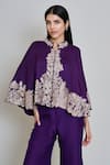 Shop_Mishru_Purple Organza Mandarin Collar, Round Neck Kalie Embroidered Cape Pant Set _Online_at_Aza_Fashions