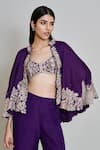Mishru_Purple Organza Mandarin Collar, Round Neck Kalie Embroidered Cape Pant Set _at_Aza_Fashions
