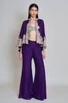 Buy_Mishru_Purple Organza Mandarin Collar, Round Neck Kalie Embroidered Cape Pant Set 