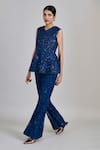Shop_Mishru_Blue Tulle Sequins, Beads, Embroidery Open Neck, Liora Peplum Jacket Pant Set _at_Aza_Fashions