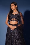 Archana Kochhar_Blue Net Sequins, Beads, Embroidery V-neck Midnight Hand Corset Lehenga Set _at_Aza_Fashions