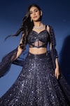 Buy_Archana Kochhar_Blue Net Sequins, Beads, Embroidery V-neck Midnight Hand Corset Lehenga Set _Online