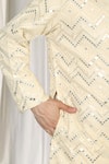 Aham-Vayam_Beige Cotton Mirrors, Embroidery Krishna Kurta And Pant Set _at_Aza_Fashions