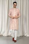 Buy_Aham-Vayam_Peach Cotton Embroidery Upwan Kurta Set _at_Aza_Fashions