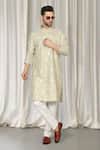 Aham-Vayam_Green Cotton Embroidery Upwan Kurta And Pant Set _Online_at_Aza_Fashions