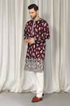 Aham-Vayam_Maroon Cotton Embroidery, Metallic Thread Upwan Kurta And Pant Set _at_Aza_Fashions