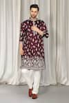 Buy_Aham-Vayam_Maroon Cotton Embroidery, Metallic Thread Upwan Kurta And Pant Set _at_Aza_Fashions