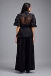 Shop_Deepika Arora_Black Linen Fabric Flowers V-neck, Collared Wrap Around Top And Pant Set _at_Aza_Fashions