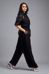 Deepika Arora_Black Linen Fabric Flowers V-neck, Collared Wrap Around Top And Pant Set _Online_at_Aza_Fashions