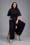 Buy_Deepika Arora_Black Linen Fabric Flowers V-neck, Collared Wrap Around Top And Pant Set _Online_at_Aza_Fashions
