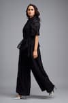 Deepika Arora_Black Linen Fabric Flowers V-neck, Collared Wrap Around Top And Pant Set _at_Aza_Fashions