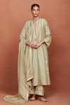 Buy_Sue Mue_Beige Silk, Cotton, Tissue Embroidery, Sequins, Beads, Zari Amu Kurta Set _at_Aza_Fashions