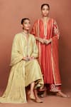 Sue Mue_Beige Silk, Cotton, Tissue Embroidery, Sequins, Beads, Zari Amu Kurta Set _at_Aza_Fashions