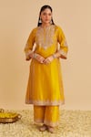 Sheetal Batra_Mustard Chanderi , Organza Embroidery, Anaiza Chauga Kurta Palazzo Set _Online_at_Aza_Fashions