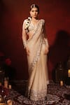 Buy_Archana Kochhar_Ivory Georgette, Net Gota Patti, Mirrors, Kali Pre-draped Saree With Blouse _at_Aza_Fashions
