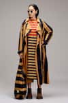 MATI_1_Brown Cotton Embroidery Crew Neck, Open Striped Midi Dress And Long Jacket Set _Online_at_Aza_Fashions
