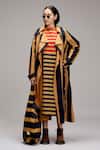 Buy_MATI_1_Brown Cotton Embroidery Crew Neck, Open Striped Midi Dress And Long Jacket Set _at_Aza_Fashions