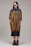 Buy MATI_1 Brown Cotton Round Neck Striped Gathered Midi Dress Online at Aza Fashions Buy_MATI_1_Brown Cotton Round Neck Striped Gathered Midi Dress _Online_at_Aza_Fashions