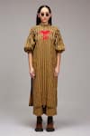 Buy_MATI_1_Brown Cotton Embroidery High Neck Stripe Pattern Gathered Tunic  _Online_at_Aza_Fashions