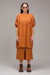 Buy_MATI_1_Brown Cotton Embroidery Mandarin Collar Striped Gathered Tunic  _Online_at_Aza_Fashions
