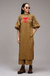 Buy_MATI_1_Brown Cotton Embroidery Mandarin Collar Striped Tunic And Pant Set  _at_Aza_Fashions