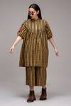 Buy_MATI_1_Brown Cotton Embroidery Mandarin Collar Striped Tunic And Pant Set  