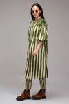 MATI_1_Off White Cotton Split V-neck, Mandarin Collar Striped Long Tunic _Online_at_Aza_Fashions