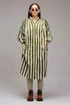 Buy_MATI_1_Green Cotton Split V-neck, Collared Striped Tunic And Pant Set _at_Aza_Fashions