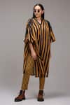Buy_MATI_1_Brown Cotton V-neck, Collared Striped Tunic And Pant Set  _at_Aza_Fashions