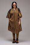 MATI_1_Brown Cotton V-neck, Collared Striped Tunic And Pant Set  _Online_at_Aza_Fashions