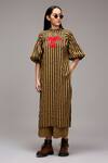 Buy_MATI_1_Brown Cotton Embroidery High Neck Striped Jester Motif Tunic  _at_Aza_Fashions