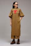 Buy_MATI_1_Brown Cotton Embroidery High Neck Striped Tunic And Pant Set  _at_Aza_Fashions
