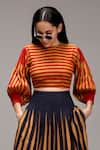 Buy_MATI_1_Brown Cotton Round Neck Striped Puff Sleeve Top And Pleated Skirt Set _Online_at_Aza_Fashions