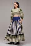 Buy_MATI_1_Green Cotton Ruffles Round Neck Striped Puff Sleeve Crop Top And Pleated Skirt Set _at_Aza_Fashions