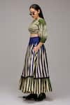 MATI_1_Green Cotton Ruffles Round Neck Striped Puff Sleeve Crop Top And Pleated Skirt Set _at_Aza_Fashions