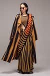 Buy MATI_1 Brown Cotton Fringe High Neck Striped Bodysuit And Saree Set at Aza Fashions Buy_MATI_1_Brown Cotton Fringe High Neck Striped Bodysuit And Saree Set _at_Aza_Fashions